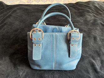 Structured Blue Leather Satchel Handbag with Buckle Accents