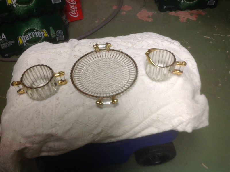 Crystal/gold sugar,creamer,plate