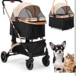 Coziwow 4-Wheel Premium 3-in-1 Foldable Pet Stroller for Small Medium Dogs With Detachable Carrier, Jogging Cat Travel, Black + Gold