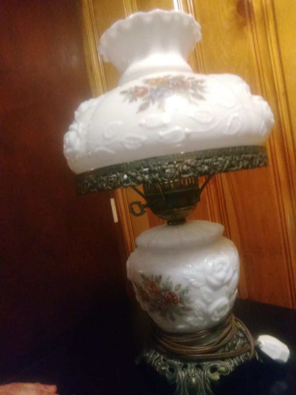 Antique Fenton hurricane table lamp