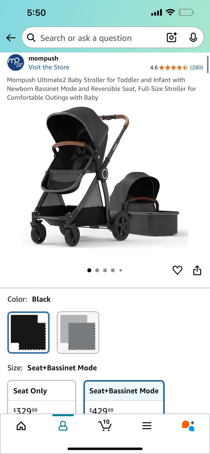Mompush Ultimate2 Baby Stroller for Toddler and Infant with Newborn Bassinet Mode and Reversible Seat, Full-Size Stroller for Comfortable Outings with