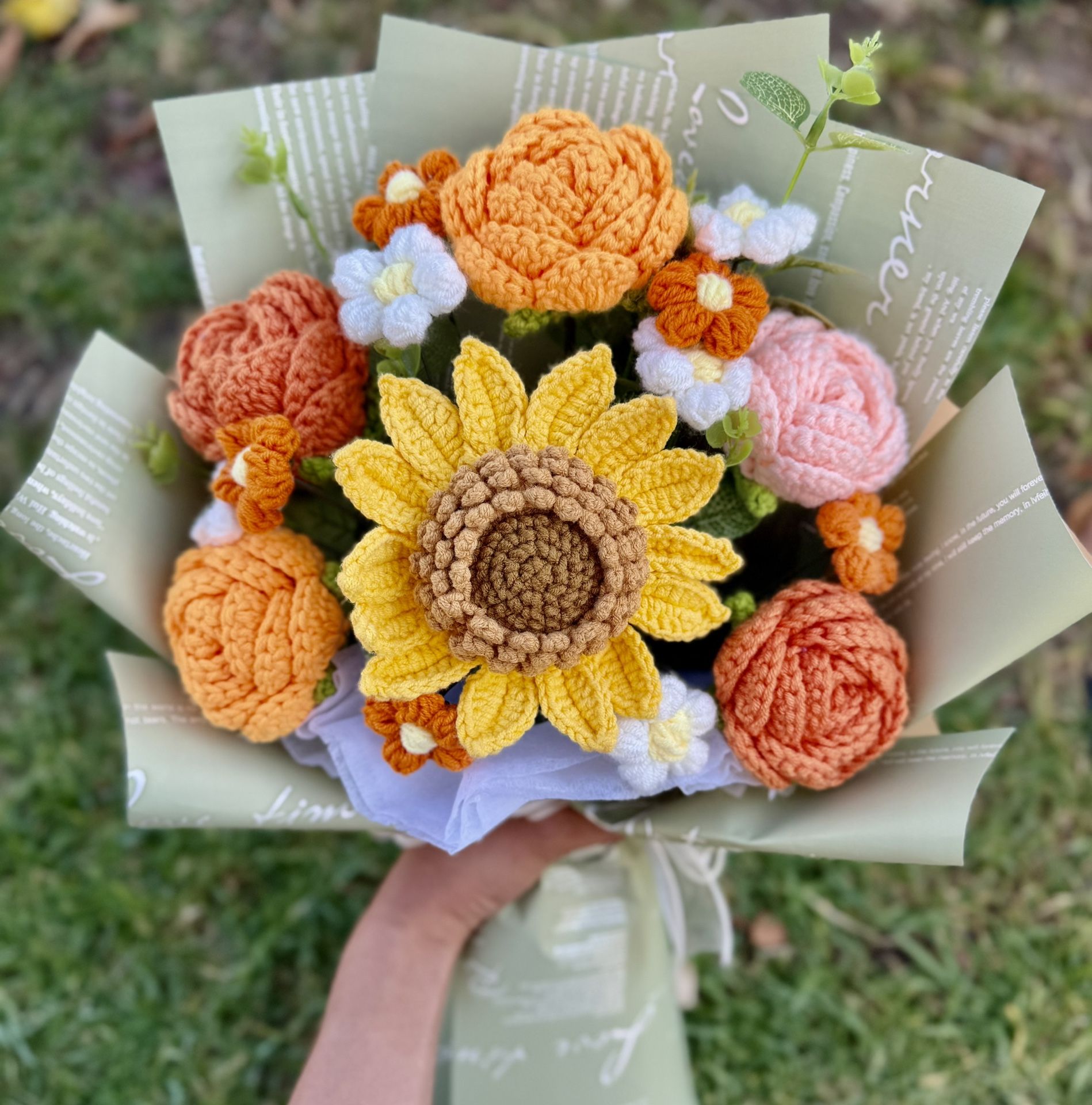 Crocheted sunflower orange Roses bouquet