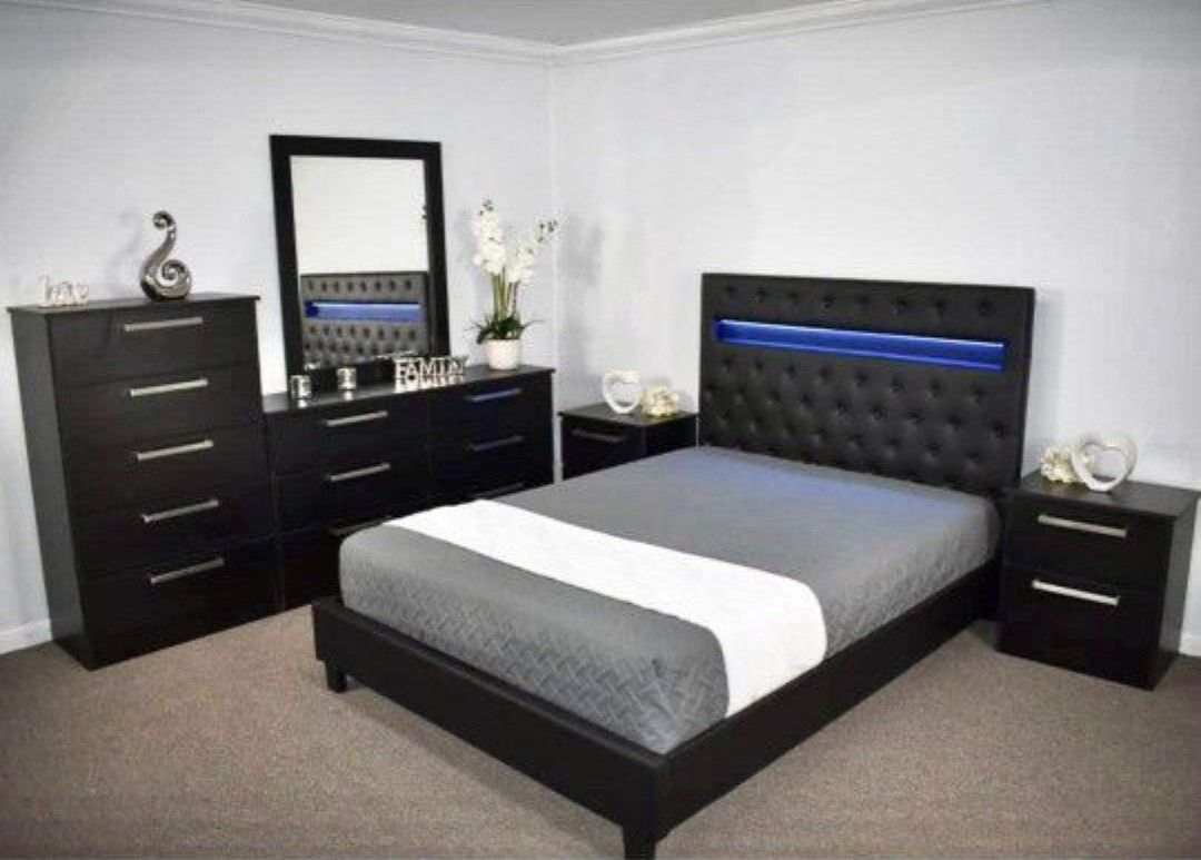 New Queen Platform Bed With Led lights. Mirror. Dresser. Chest. 1 Nightstand. Set Also Sold Separately.. Deliveries 🚚