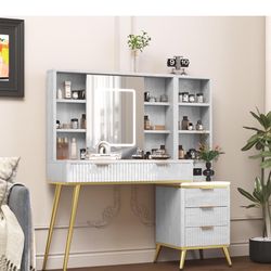 48" Fluted Makeup Vanity Desk with Sliding Mirror and Lights, Wooden Dressing Table with 5 Drawers and Adjustable Shelves,Makeup Vanity Table Modern G