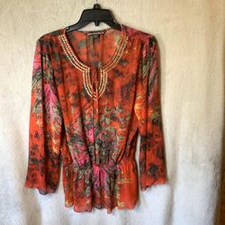 Mushka by Sienna Rose Red Sheer Blouse Gold Sequins L