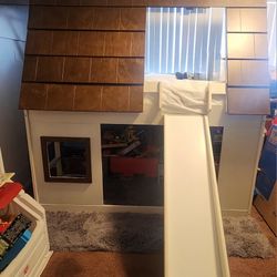  Twin Over Twin House Bunk Bed with Slide and Window for Kids Floor Bunk Bed
