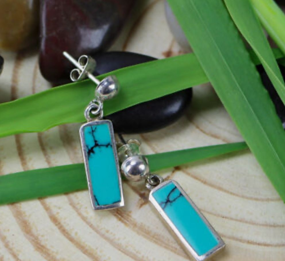 Signed MC Turquoise & Sterling Silver Rectangular Dangle Push Back Earrings