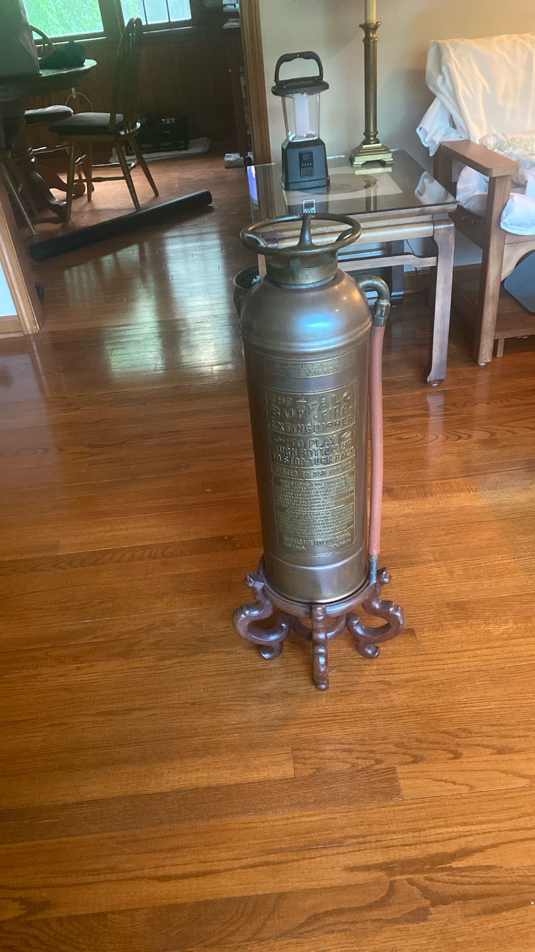 Antique Brass Buffalo Fire Extinguisher with Stand – Vintage Industrial Decor (Rare Soda-Acid Model)