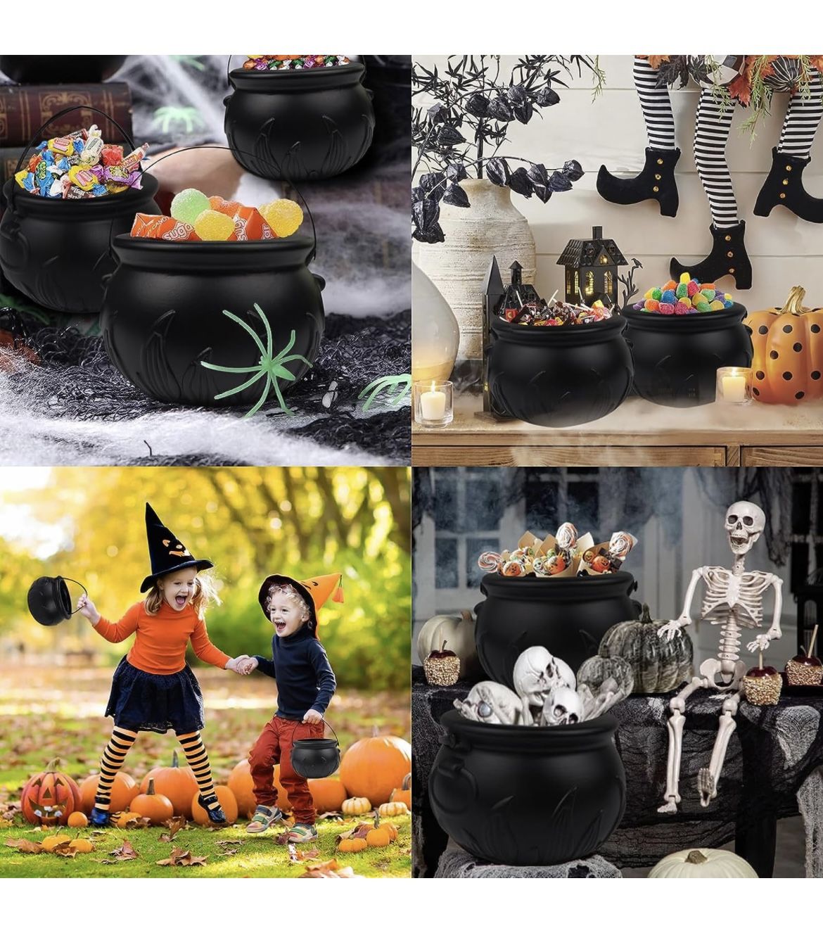 Halloween Witch Cauldron Candy Serving Bowl Hocus Pocus Decor, Set of 3 Black Plastic Cauldron Bowls with Iron Rack, Spooky Candy Bucket Punch Bowls f