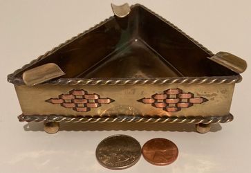 Vintage Metal Brass and Copper Ashtray, 4 1/2" x 4 1/2", Triangle Design with Legs, Heavy Duty, Cigarettes, Cigars, Smoking, Table Decor