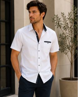 Craft & Flow Men’s White Short Sleeve Button Up Shirt Navy Trim Size M
