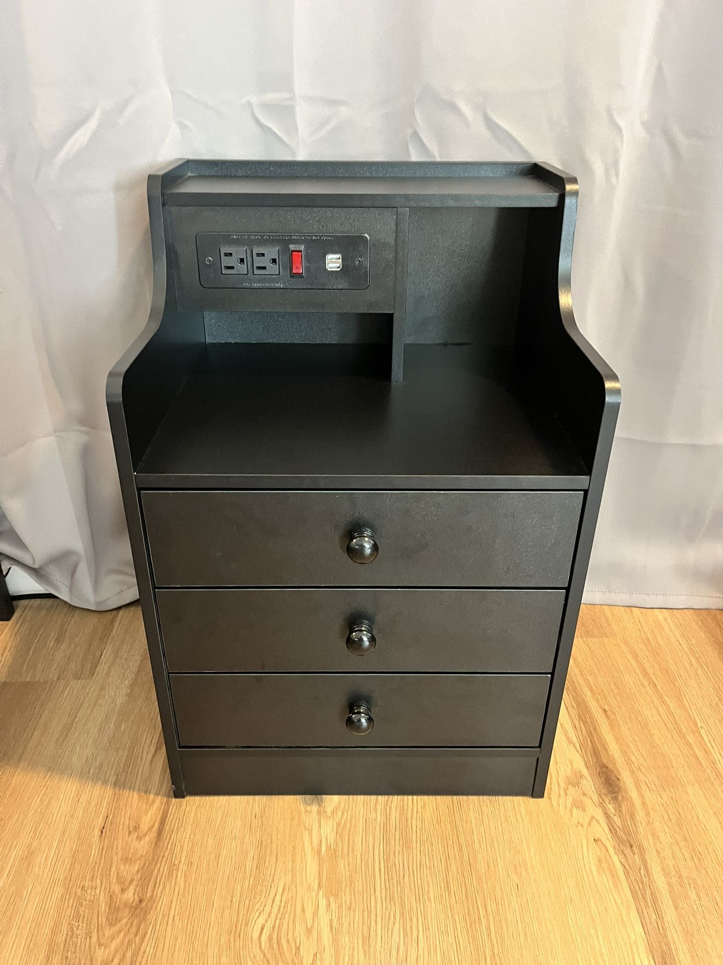 Sleek Black End Table with Drawers + Charging Ports