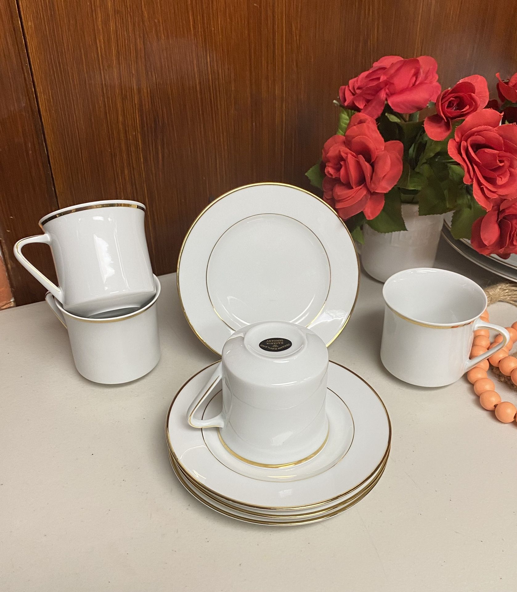 Johann Haviland Germany white porcelain with gold band tea set plates and Cups