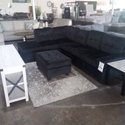 Black Velvet Cupholder Sectional With Ottoman 