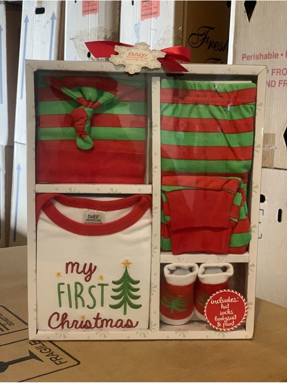 My First Christmas 4 Piece Holiday Set: Hat, Socks, Pants & Bodysuit 0-6 Months