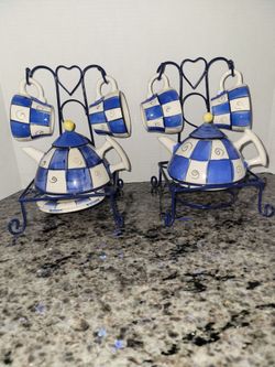 Service for 4 Vintage Tea Set, Ceramic Pair Tea Coffee Cup, Saucers, Tea/Coffee Pot With Stand Holder
