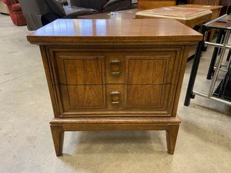 Vintage 70’s English Walnut Nightstand with Brass Pulls and Tapered Legs