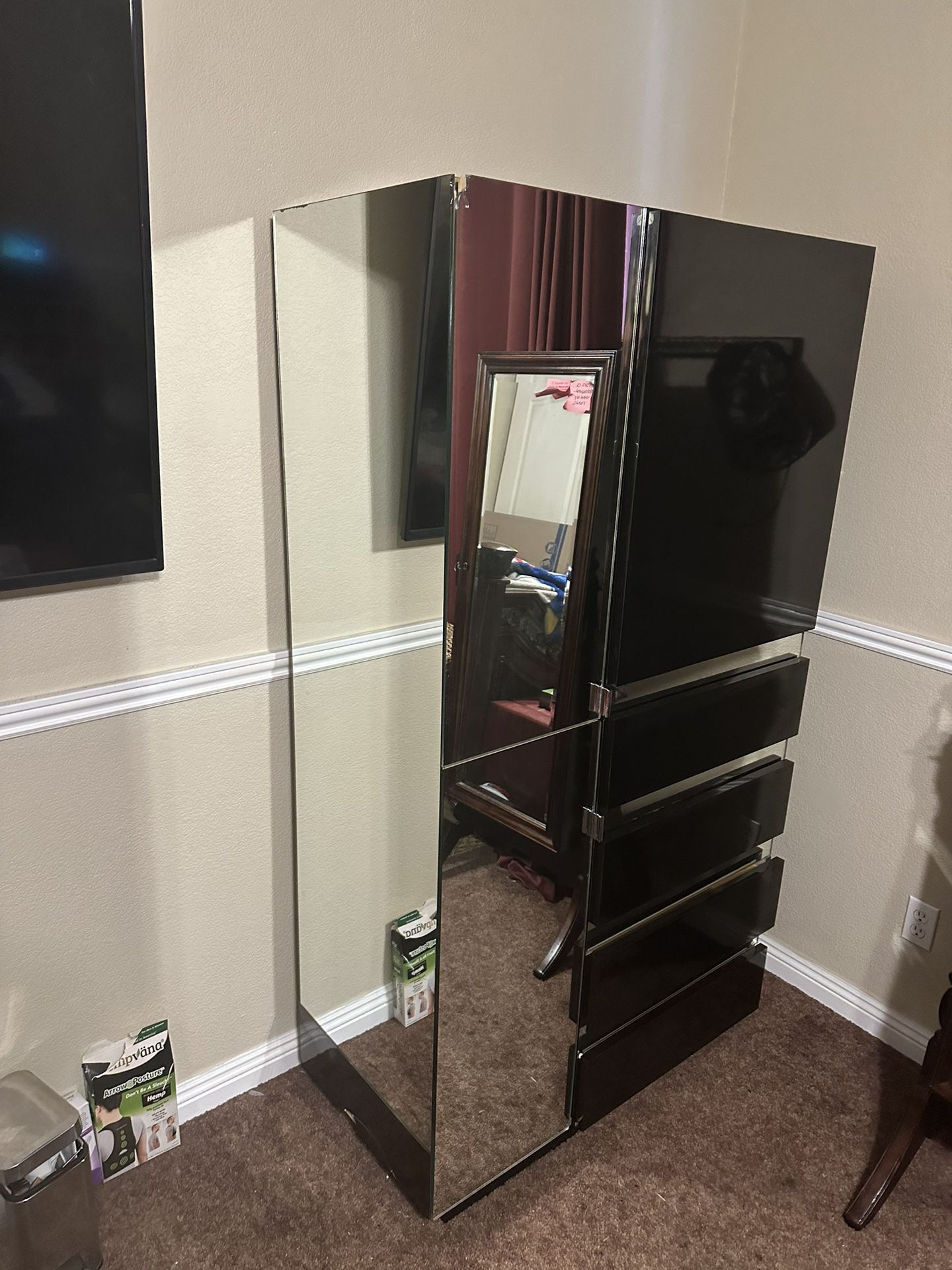 FREE Black Lacquer Wood And Mirror Armoire