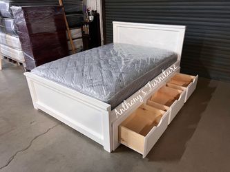 White full bed and mattress with drawers