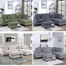 Sectional SofaChaise With Ottoman Storage USB Available I Ivory, Gray,Dark  Corduroy,Gray,Black 106"X76" 