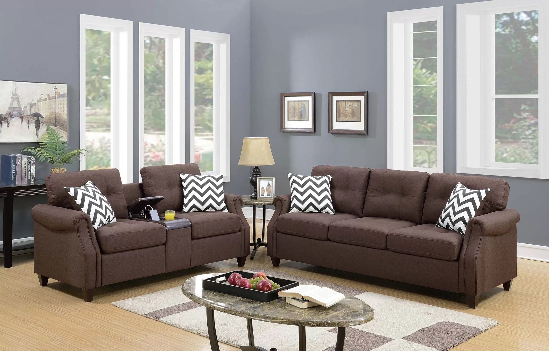 BROWN SOFA AND LOVESEAT WITH ACCENT PILLOWS 