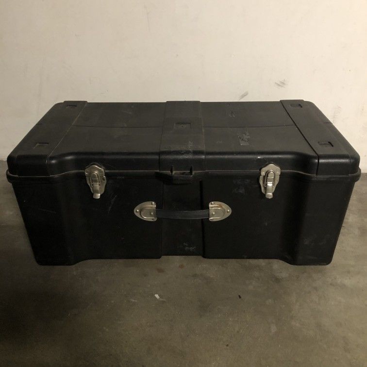 Rugged plastic storage trunk with latches