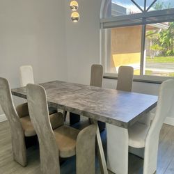 Modern Dining Table Set with  6 Upholstered Chairs (Concrete Style Top)