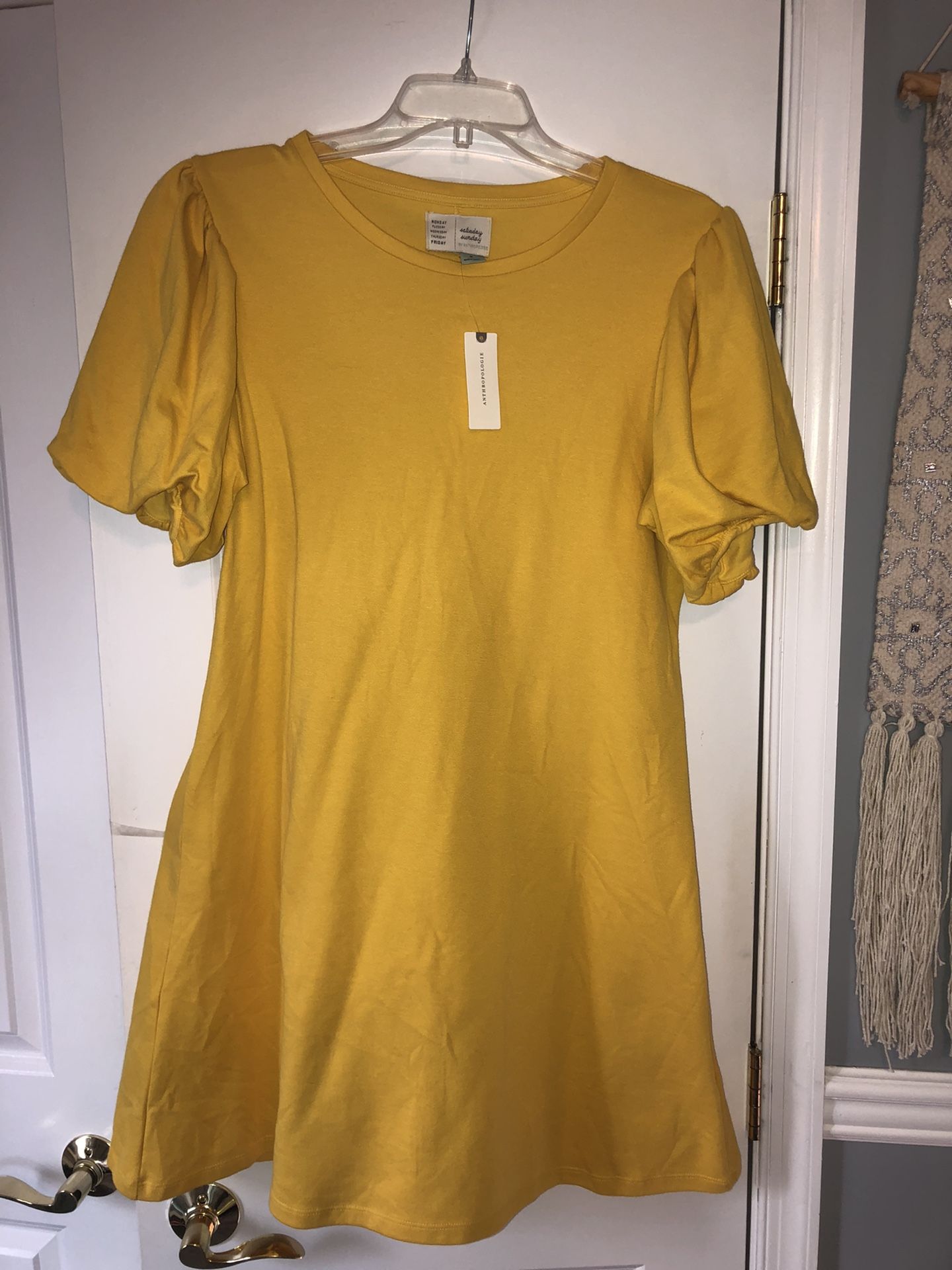 Anthropologie yellow gold color dress with puffy sleeves