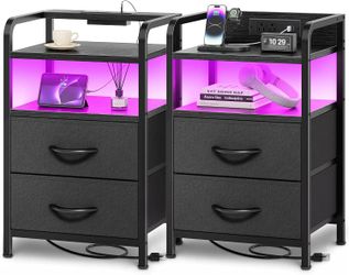 Set of 2 LED Nightstands with Charging Station, Drawers and App Control