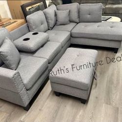 Gray 3-Pc Sectional Sofa With Storage Ottoman 
