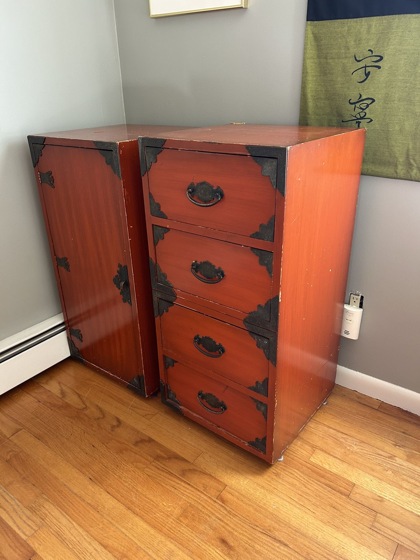 Elegant Vintage Asian-Inspired Red Lacquer Cabinets-As is
