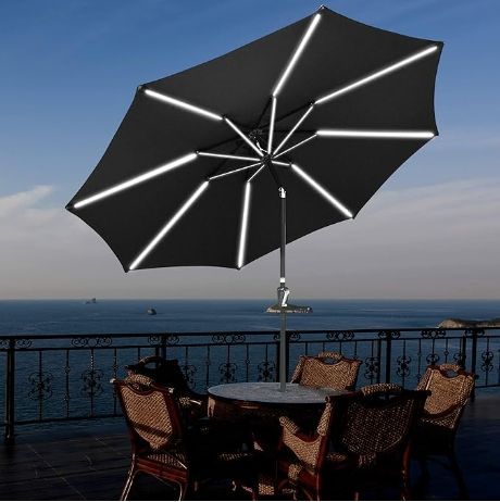 10 Ft Solar Powered LED Light Bar Patio Umbrella with Tilt Crank Aluminum Market Backyard Pool Deck Furniture in Black - Independence Day Sale