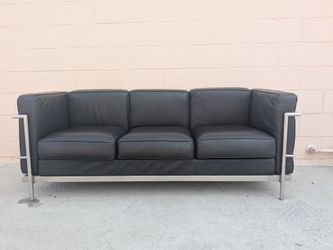 Black Leather 3-Seat Sofa with Chrome Frame