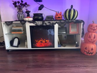 White TV Stand with Electric Fireplace Insert
