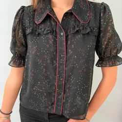 Zara Burgundy Trim Floral Ruffle Blouse M Country Rodeo Prairie Festival Work
