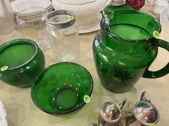 Green Carnival Glass Pitcher And Bowls