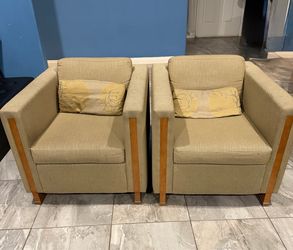 Set of 2 Mid‑Century Modern Box Armchairs – Beige Fabric & Wood Accents. $20 each or $35 for both