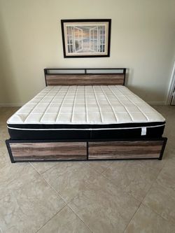 KING SIZE METAL PLATFORM BED FRAME WOODEN HEADBOARD and FOOTBOARD USB CHARGING, 4 DRAWERS/ MATTRESS