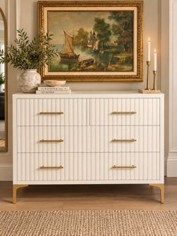 White Fluted 5 Drawer Dresser with Gold Hardware