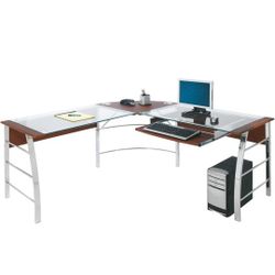 Realspace® Mezza 62"W L-Shaped Corner Desk, Cherry/Chrome- USED