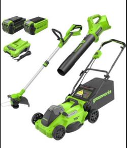 Greenworks 40V 16" Brushless Cordless (Push) Lawn Mower + Blower (350 CFM) + 13" String Trimmer (Bonus Spools), 4.0Ah + 2.0Ah Battery and Charger Incl
