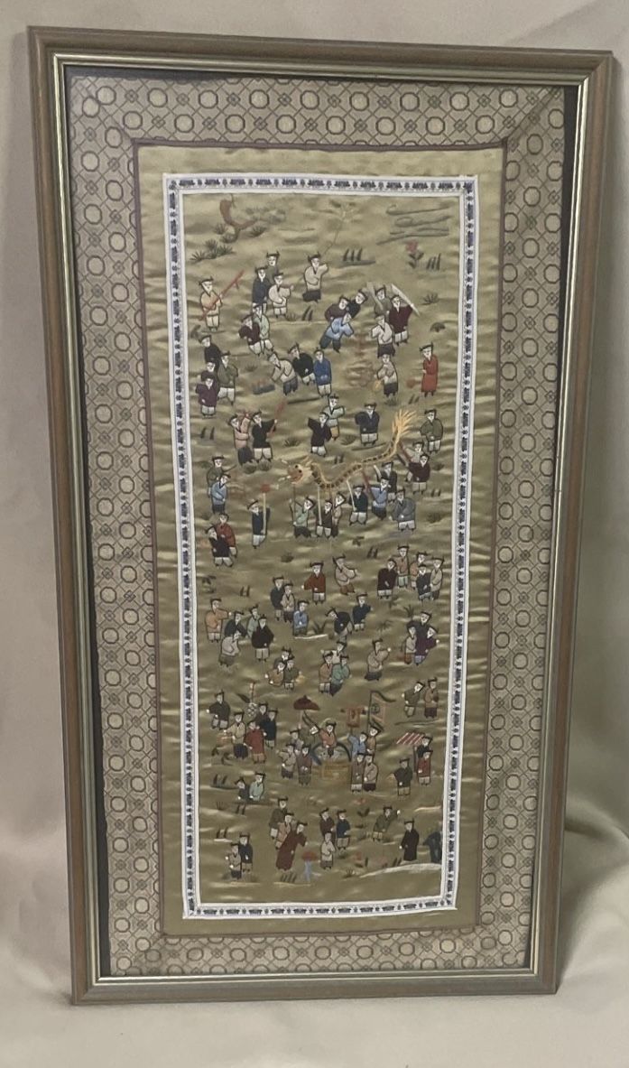 Vintage Framed Chinese Hand Embroidered Silk Panel One Hundred Children at Play 14,5x 27”