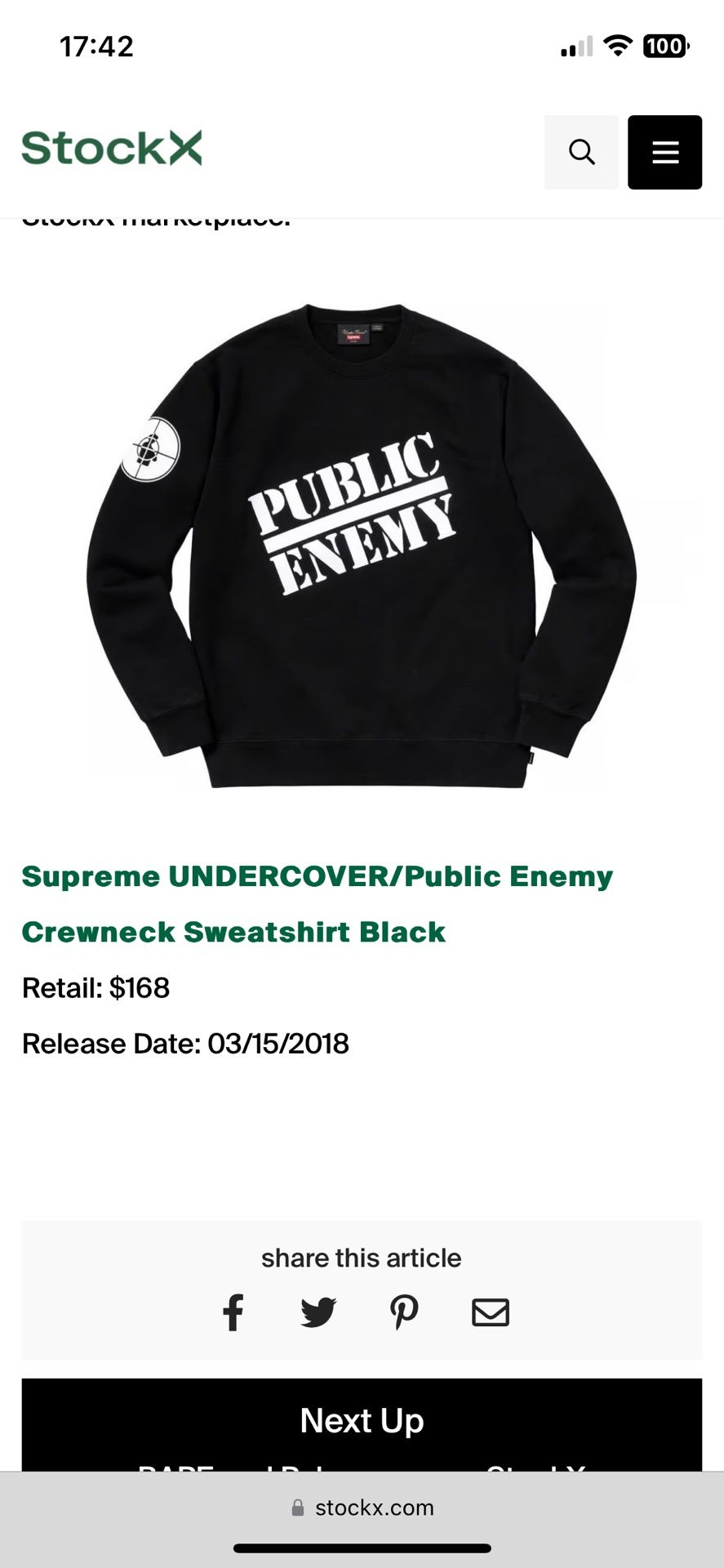 Supreme UNDERCOVER/Public Enemy Crewneck Sweatshirt Black
