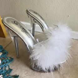 fluffy white heels 