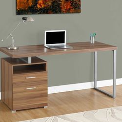 Contemporary Industrial Computer Desk with Cubby, Storage Drawers and Metal Legs - Walnut / Silver Metal