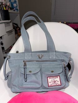 True Religion light blue denim tote bag