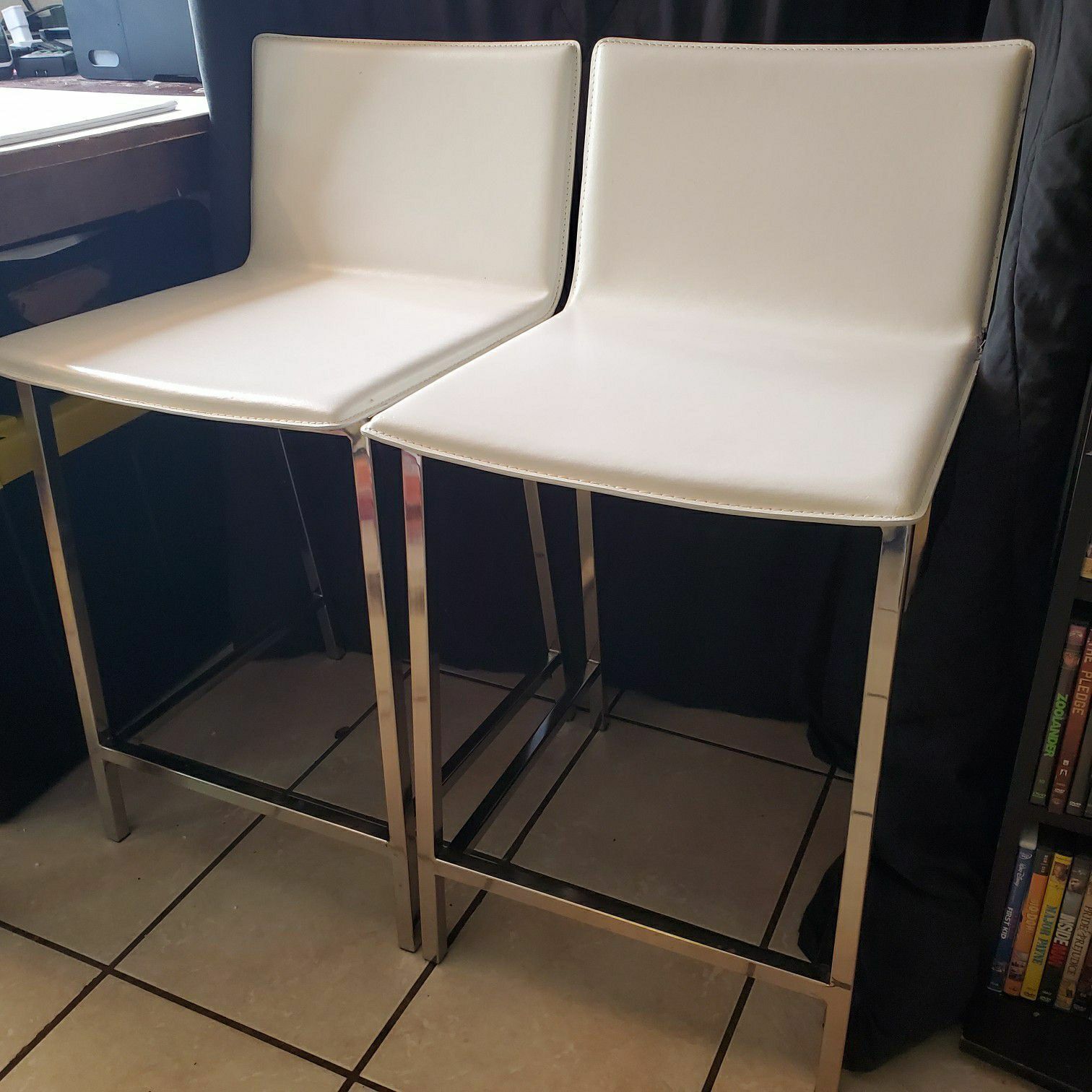 2 White Leather Bar Stools 33" back x 24" seat