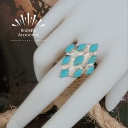 Sterling Silver 925 Ring Rectangle Design With Nine Tourquse Stone