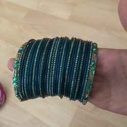 Turquoise Peacock green gold bangles 2.8 size