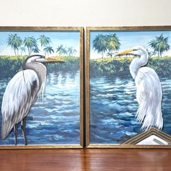 Set Of 2 Wood Gold Frames Heron Egret By The Water Painted On Glass 3D Birds Whimsical Wall Art Decor